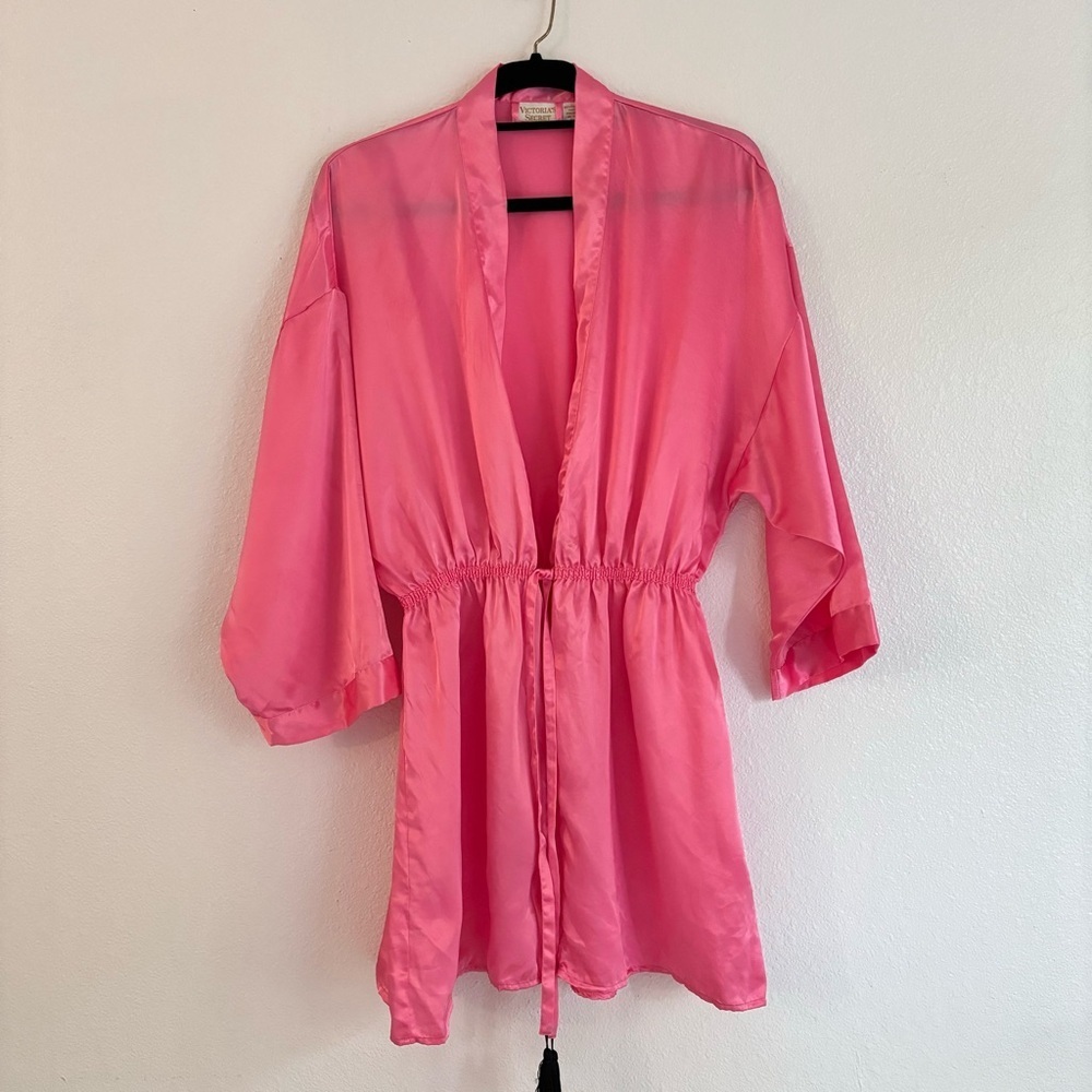 Victoria's Secret Vintage Gold Label Pink Satin Kimono Robe Tassel Tie